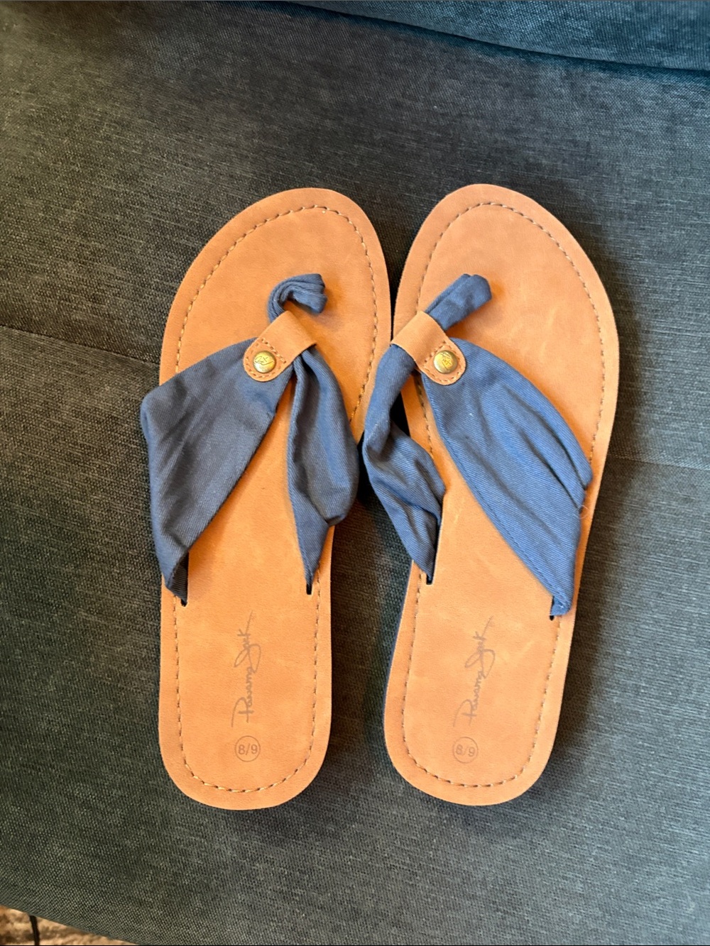 Panama Jack Tan Footbed Sandals with Navy Twist-Knot Straps